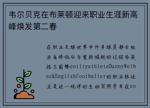 韦尔贝克在布莱顿迎来职业生涯新高峰焕发第二春