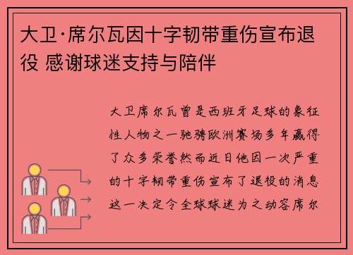 大卫·席尔瓦因十字韧带重伤宣布退役 感谢球迷支持与陪伴
