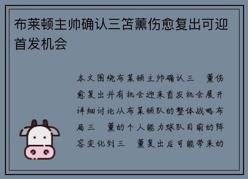 布莱顿主帅确认三笘薰伤愈复出可迎首发机会