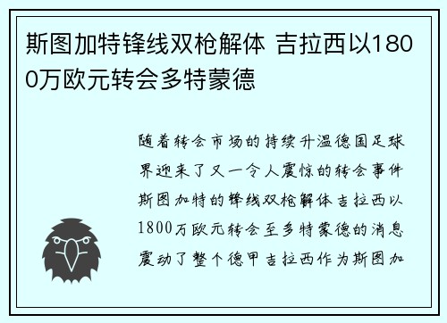 斯图加特锋线双枪解体 吉拉西以1800万欧元转会多特蒙德 斯图加特锋线双枪解体 吉拉西以1800万欧元转会多特蒙德