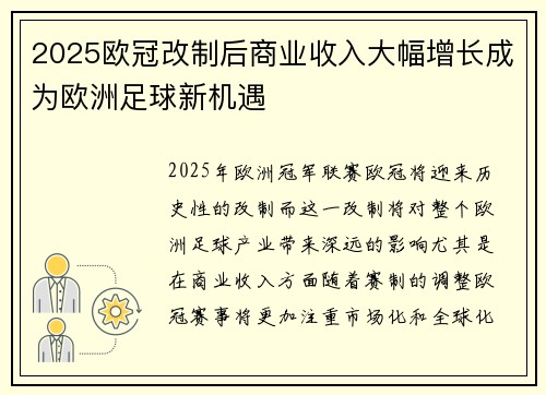 2025欧冠改制后商业收入大幅增长成为欧洲足球新机遇
